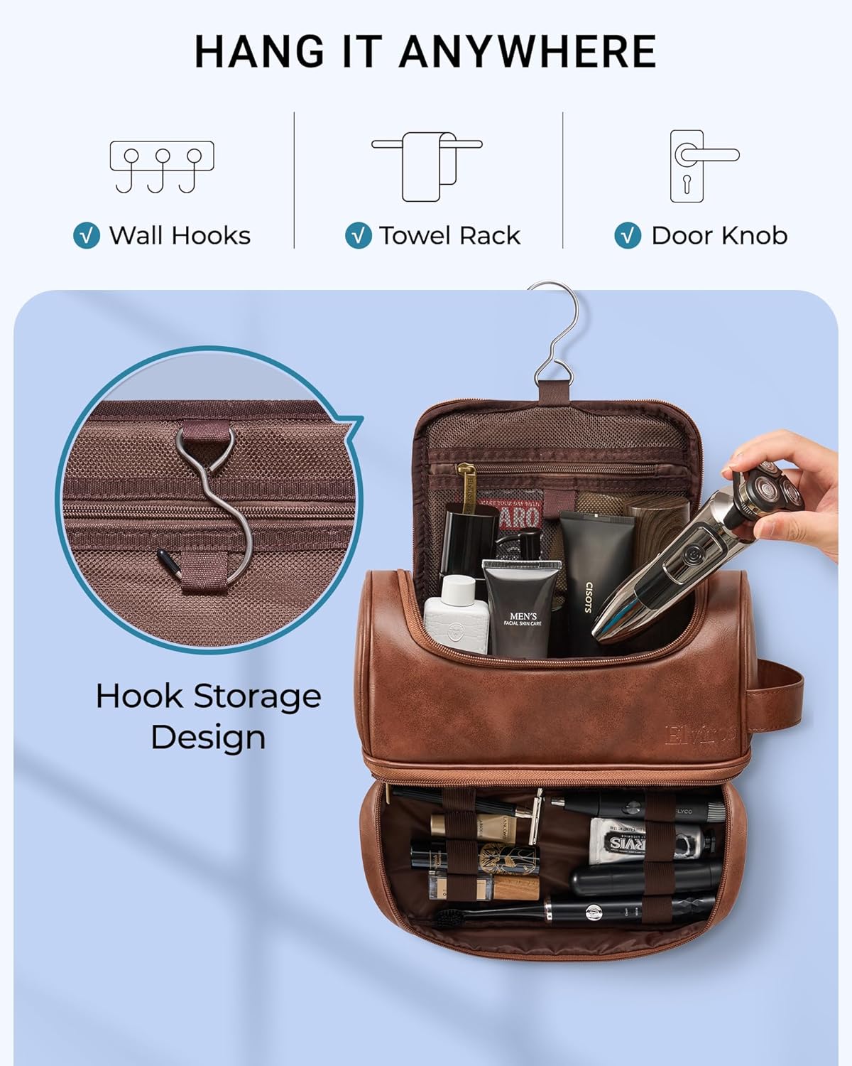 Hanging Toiletry Bag for Men PU Leather Shaving Dopp Kit, Brown | Water-Resistant Travel Organizer with Hanging Hook for Toiletries, Shaving Tools, Grooming Items, and Men’s Gifts