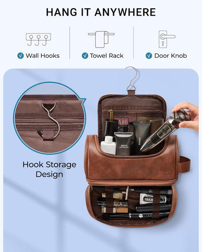 Hanging Toiletry Bag for Men PU Leather Shaving Dopp Kit, Brown | Water-Resistant Travel Organizer with Hanging Hook for Toiletries, Shaving Tools, Grooming Items, and Men’s Gifts