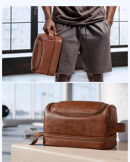 Hanging Toiletry Bag for Men PU Leather Shaving Dopp Kit, Brown | Water-Resistant Travel Organizer with Hanging Hook for Toiletries, Shaving Tools, Grooming Items, and Men’s Gifts