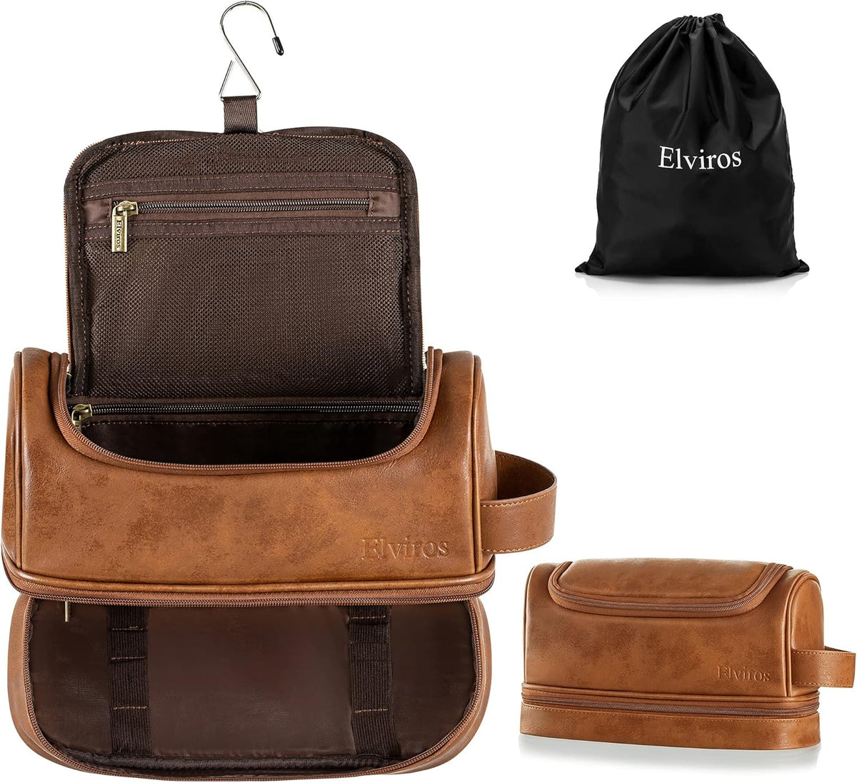 Hanging Toiletry Bag for Men PU Leather Shaving Dopp Kit, Brown | Water-Resistant Travel Organizer with Hanging Hook for Toiletries, Shaving Tools, Grooming Items, and Men’s Gifts