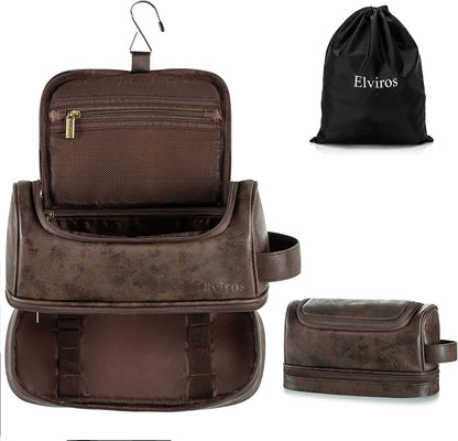 Hanging Toiletry Bag for Men PU Leather Shaving Dopp Kit, Brown | Water-Resistant Travel Organizer with Hanging Hook for Toiletries, Shaving Tools, Grooming Items, and Men’s Gifts