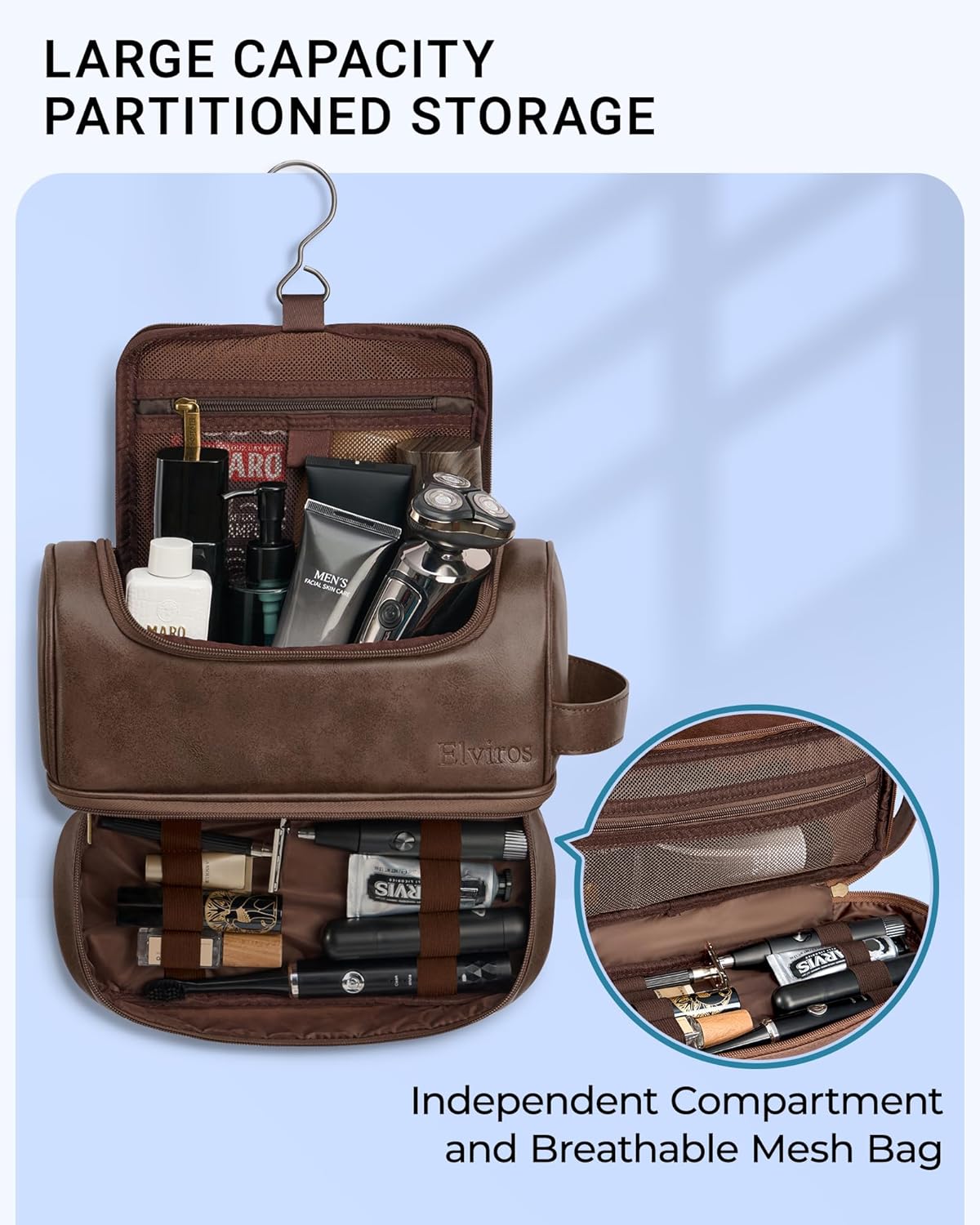 Hanging Toiletry Bag for Men PU Leather Shaving Dopp Kit, Brown | Water-Resistant Travel Organizer with Hanging Hook for Toiletries, Shaving Tools, Grooming Items, and Men’s Gifts