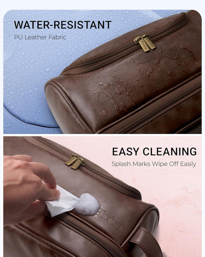 Hanging Toiletry Bag for Men PU Leather Shaving Dopp Kit, Brown | Water-Resistant Travel Organizer with Hanging Hook for Toiletries, Shaving Tools, Grooming Items, and Men’s Gifts