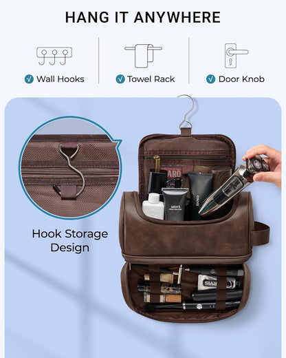 Hanging Toiletry Bag for Men PU Leather Shaving Dopp Kit, Brown | Water-Resistant Travel Organizer with Hanging Hook for Toiletries, Shaving Tools, Grooming Items, and Men’s Gifts