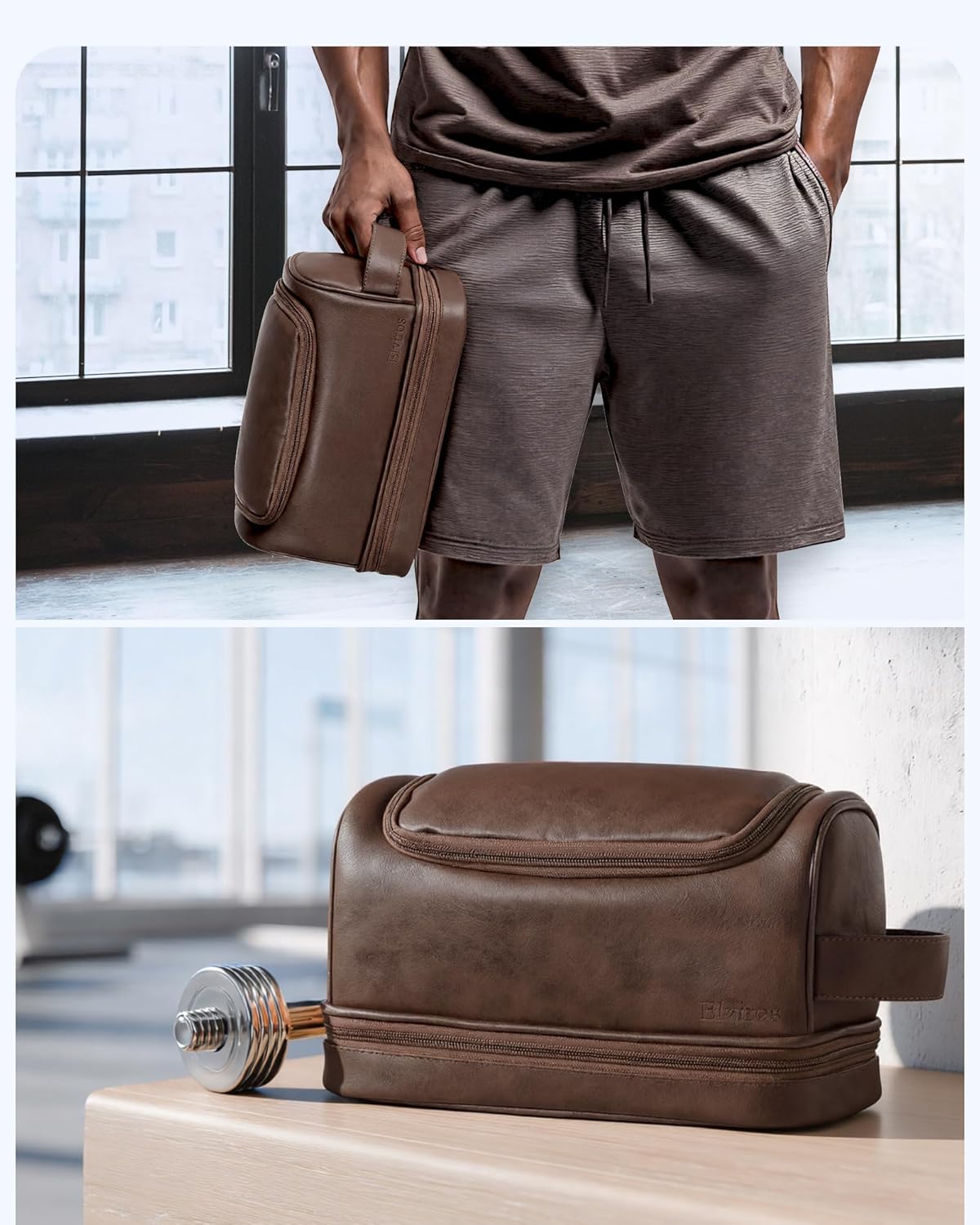 Hanging Toiletry Bag for Men PU Leather Shaving Dopp Kit, Brown | Water-Resistant Travel Organizer with Hanging Hook for Toiletries, Shaving Tools, Grooming Items, and Men’s Gifts