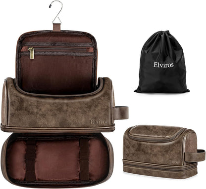 Hanging Toiletry Bag for Men PU Leather Shaving Dopp Kit, Brown | Water-Resistant Travel Organizer with Hanging Hook for Toiletries, Shaving Tools, Grooming Items, and Men’s Gifts