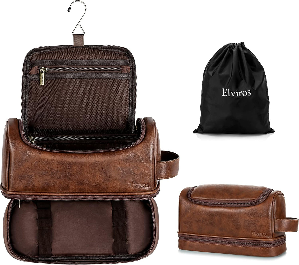 Hanging Toiletry Bag for Men PU Leather Shaving Dopp Kit, Brown | Water-Resistant Travel Organizer with Hanging Hook for Toiletries, Shaving Tools, Grooming Items, and Men’s Gifts