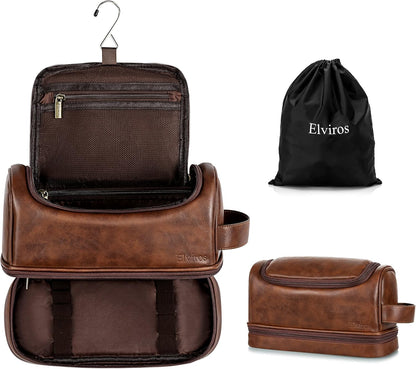 Hanging Toiletry Bag for Men PU Leather Shaving Dopp Kit, Brown | Water-Resistant Travel Organizer with Hanging Hook for Toiletries, Shaving Tools, Grooming Items, and Men’s Gifts