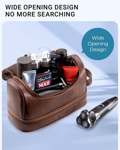Hanging Toiletry Bag for Men PU Leather Shaving Dopp Kit, Brown | Water-Resistant Travel Organizer with Hanging Hook for Toiletries, Shaving Tools, Grooming Items, and Men’s Gifts