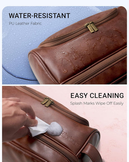 Hanging Toiletry Bag for Men PU Leather Shaving Dopp Kit, Brown | Water-Resistant Travel Organizer with Hanging Hook for Toiletries, Shaving Tools, Grooming Items, and Men’s Gifts