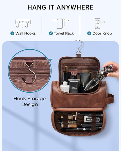 Hanging Toiletry Bag for Men PU Leather Shaving Dopp Kit, Brown | Water-Resistant Travel Organizer with Hanging Hook for Toiletries, Shaving Tools, Grooming Items, and Men’s Gifts
