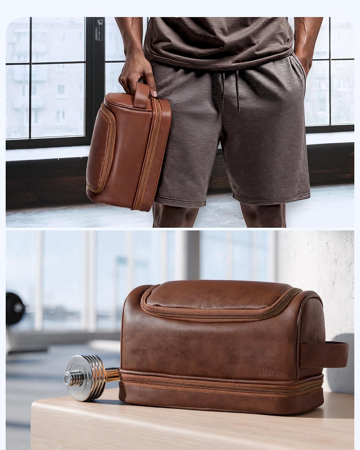 Hanging Toiletry Bag for Men PU Leather Shaving Dopp Kit, Brown | Water-Resistant Travel Organizer with Hanging Hook for Toiletries, Shaving Tools, Grooming Items, and Men’s Gifts