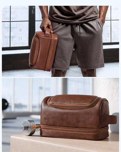 Hanging Toiletry Bag for Men PU Leather Shaving Dopp Kit, Brown | Water-Resistant Travel Organizer with Hanging Hook for Toiletries, Shaving Tools, Grooming Items, and Men’s Gifts