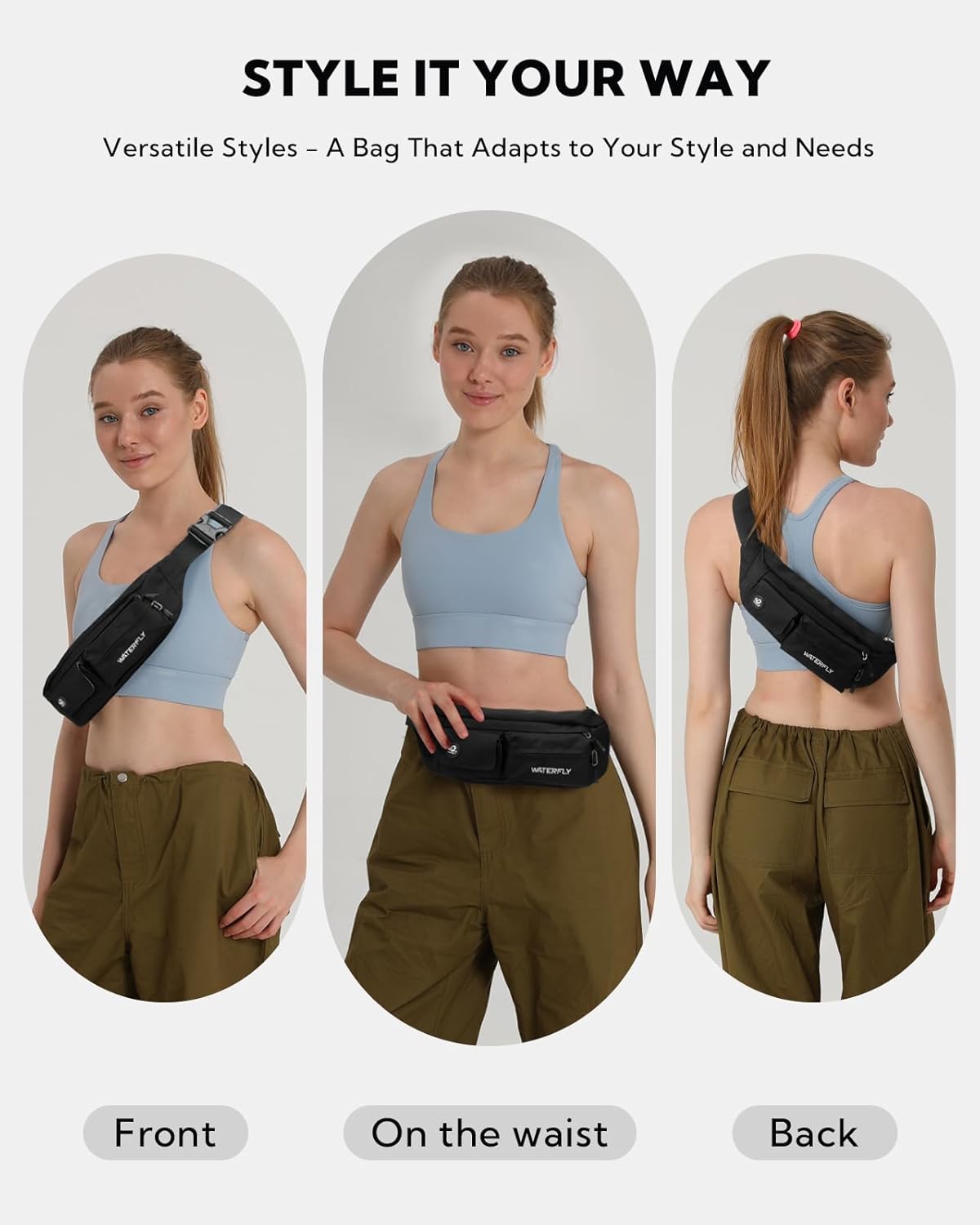 Small Crossbody Fanny Pack, Slim Waist Bag Chest Pouch Black | 5 Pocket, Lightweight, Water Resistant, Hip Bag for Travel Hiking Running Walking, Fits All Phones for Women Men