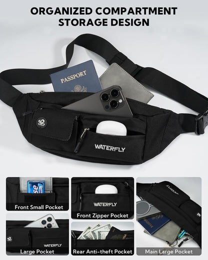 Small Crossbody Fanny Pack, Slim Waist Bag Chest Pouch Black | 5 Pocket, Lightweight, Water Resistant, Hip Bag for Travel Hiking Running Walking, Fits All Phones for Women Men