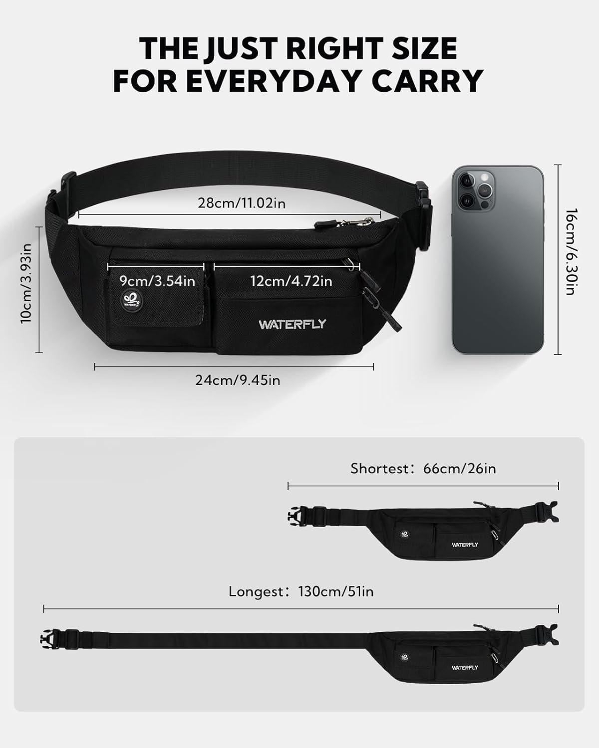 Small Crossbody Fanny Pack, Slim Waist Bag Chest Pouch Black | 5 Pocket, Lightweight, Water Resistant, Hip Bag for Travel Hiking Running Walking, Fits All Phones for Women Men