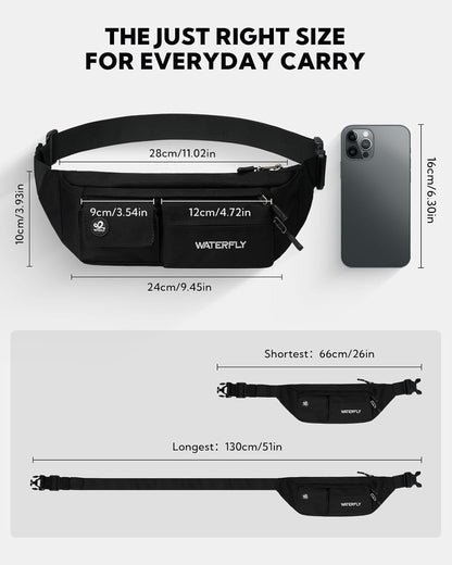Small Crossbody Fanny Pack, Slim Waist Bag Chest Pouch Black | 5 Pocket, Lightweight, Water Resistant, Hip Bag for Travel Hiking Running Walking, Fits All Phones for Women Men