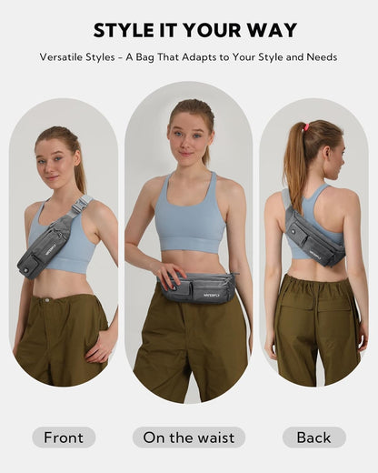 Small Crossbody Fanny Pack, Slim Waist Bag Chest Pouch Black | 5 Pocket, Lightweight, Water Resistant, Hip Bag for Travel Hiking Running Walking, Fits All Phones for Women Men