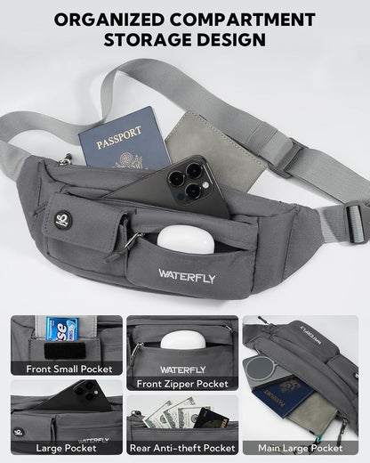 Small Crossbody Fanny Pack, Slim Waist Bag Chest Pouch Black | 5 Pocket, Lightweight, Water Resistant, Hip Bag for Travel Hiking Running Walking, Fits All Phones for Women Men