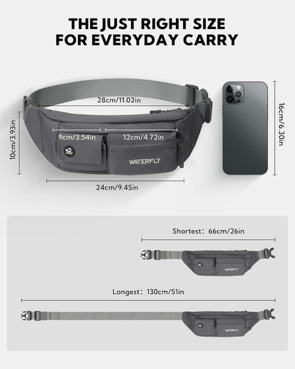 Small Crossbody Fanny Pack, Slim Waist Bag Chest Pouch Black | 5 Pocket, Lightweight, Water Resistant, Hip Bag for Travel Hiking Running Walking, Fits All Phones for Women Men