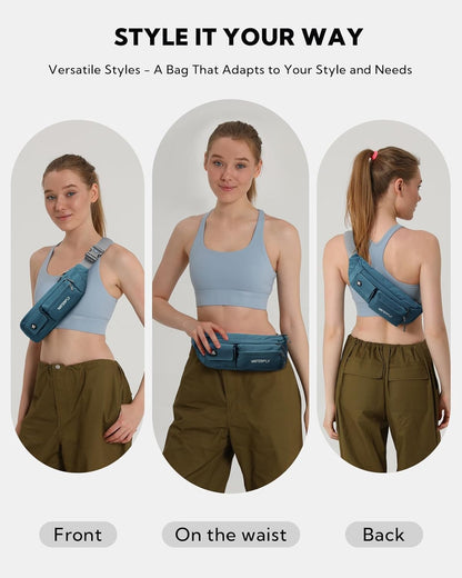Small Crossbody Fanny Pack, Slim Waist Bag Chest Pouch Black | 5 Pocket, Lightweight, Water Resistant, Hip Bag for Travel Hiking Running Walking, Fits All Phones for Women Men