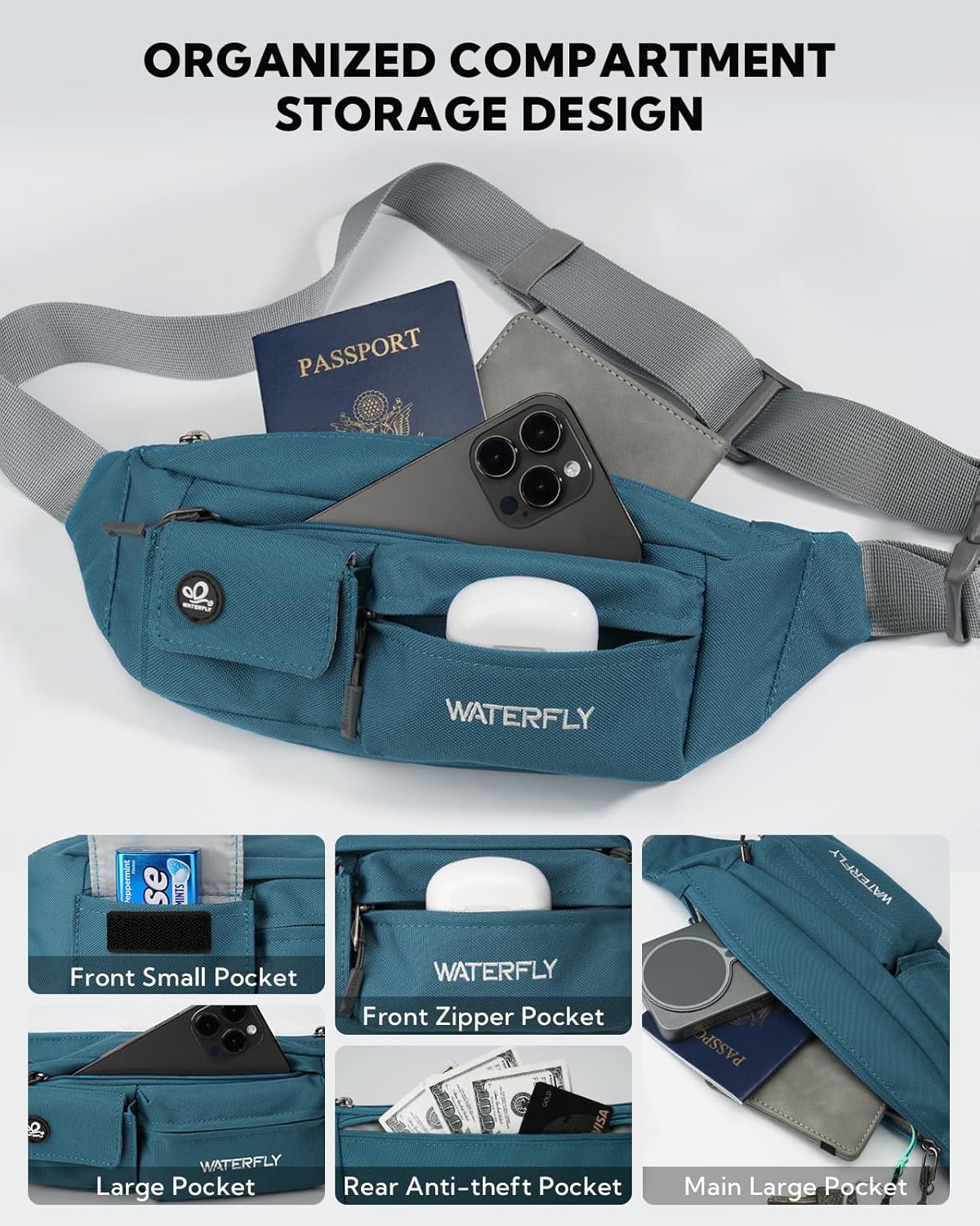 Small Crossbody Fanny Pack, Slim Waist Bag Chest Pouch Black | 5 Pocket, Lightweight, Water Resistant, Hip Bag for Travel Hiking Running Walking, Fits All Phones for Women Men