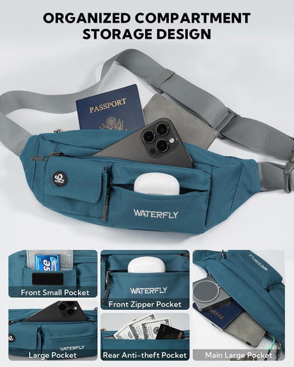 Small Crossbody Fanny Pack, Slim Waist Bag Chest Pouch Black | 5 Pocket, Lightweight, Water Resistant, Hip Bag for Travel Hiking Running Walking, Fits All Phones for Women Men