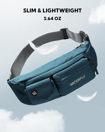 Small Crossbody Fanny Pack, Slim Waist Bag Chest Pouch Black | 5 Pocket, Lightweight, Water Resistant, Hip Bag for Travel Hiking Running Walking, Fits All Phones for Women Men
