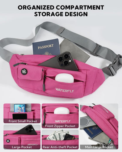 Small Crossbody Fanny Pack, Slim Waist Bag Chest Pouch Black | 5 Pocket, Lightweight, Water Resistant, Hip Bag for Travel Hiking Running Walking, Fits All Phones for Women Men