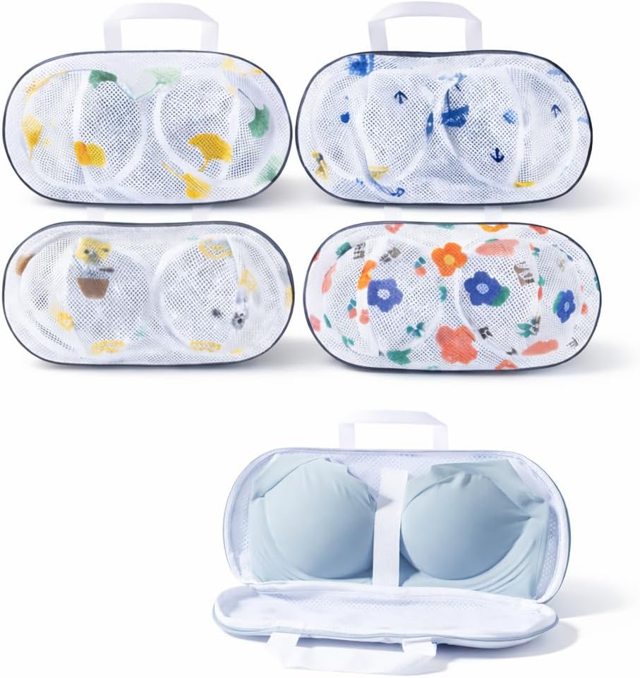 Bra Washing Protector Set, 4 Pcs Lingerie Laundry Bags with Molded Compartments, 360° Structured Support, Protect Underwire & Cups, Anti-Snag Breathable Mesh for Delicates