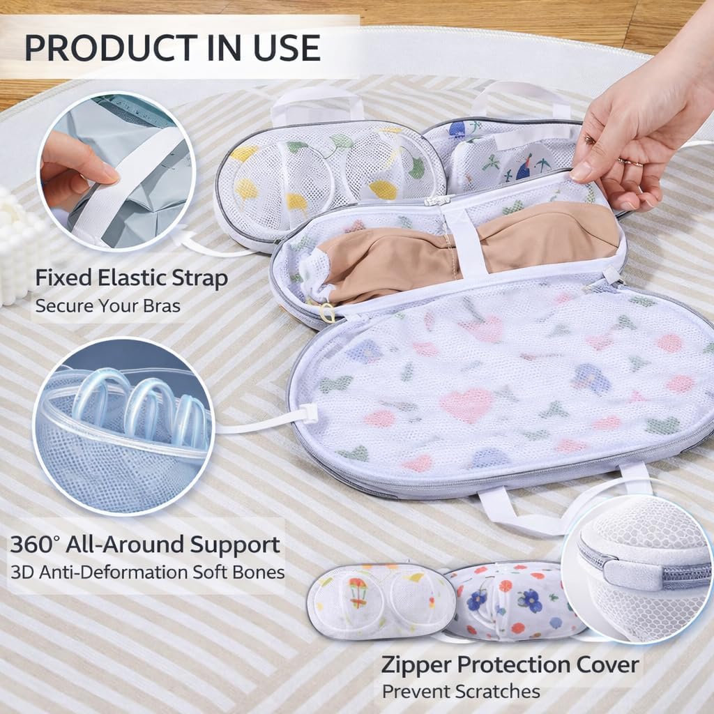 Bra Washing Protector Set, 4 Pcs Lingerie Laundry Bags with Molded Compartments, 360° Structured Support, Protect Underwire & Cups, Anti-Snag Breathable Mesh for Delicates