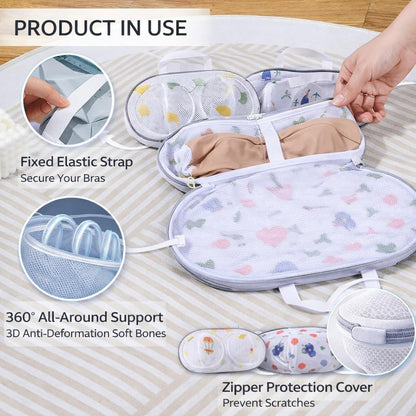 Bra Washing Protector Set, 4 Pcs Lingerie Laundry Bags with Molded Compartments, 360° Structured Support, Protect Underwire & Cups, Anti-Snag Breathable Mesh for Delicates
