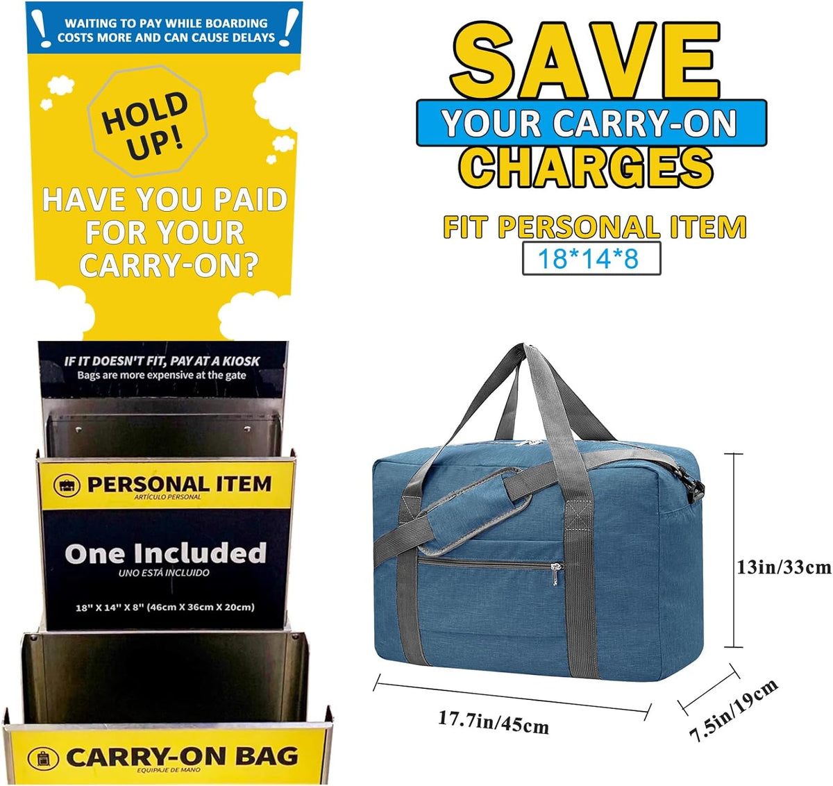For Spirit Airlines Personal Item Bag 18x14x8 Foldable Carry on Bags for Airplanes Travel Duffel Bags for Women and Men