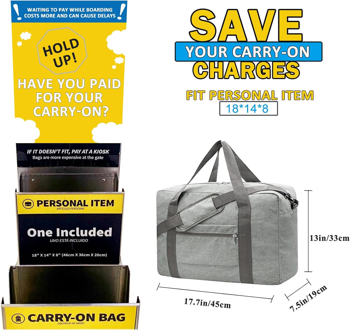 For Spirit Airlines Personal Item Bag 18x14x8 Foldable Carry on Bags for Airplanes Travel Duffel Bags for Women and Men