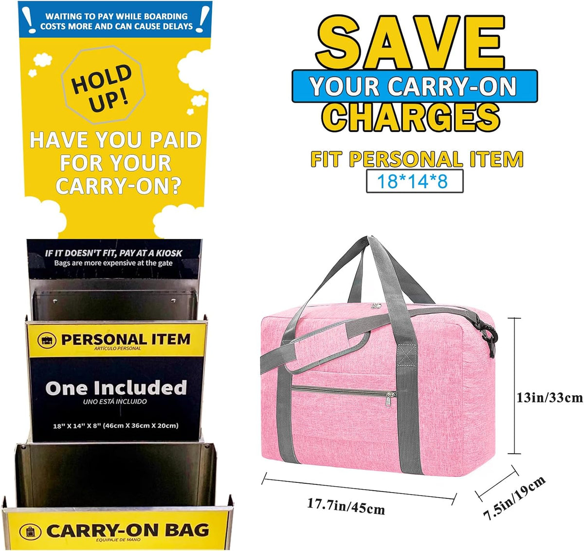 For Spirit Airlines Personal Item Bag 18x14x8 Foldable Carry on Bags for Airplanes Travel Duffel Bags for Women and Men