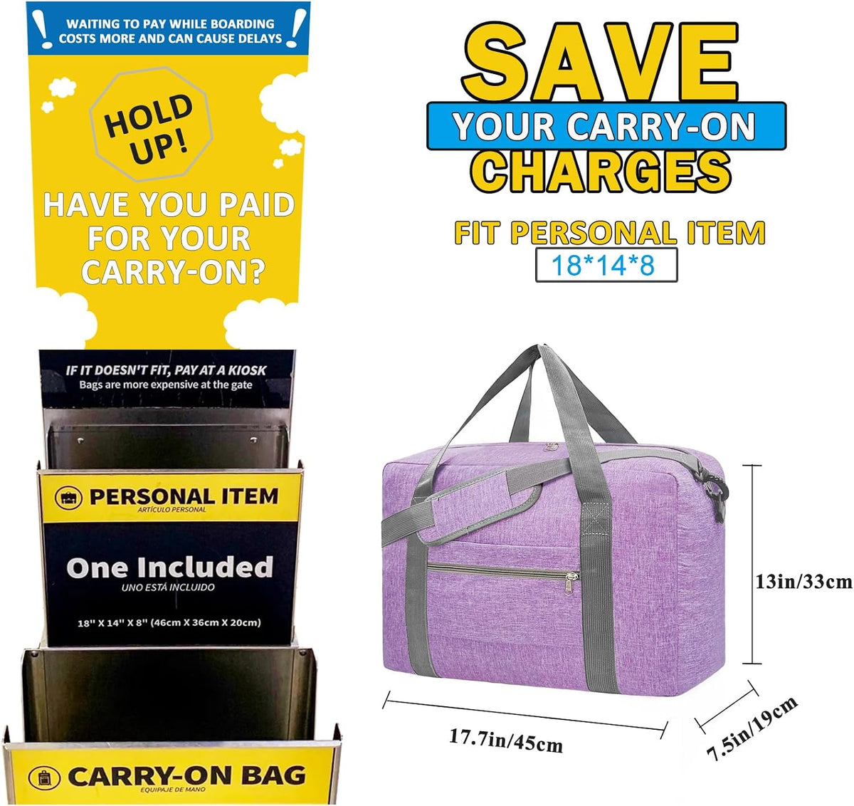 For Spirit Airlines Personal Item Bag 18x14x8 Foldable Carry on Bags for Airplanes Travel Duffel Bags for Women and Men