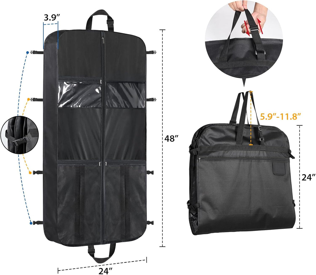 48 Inch Garment Bags for Travel Heavy Duty Travel Suit Bag for Men Women with Buckles & Shoulder Strap Garment Bags for Hanging Clothes, Black