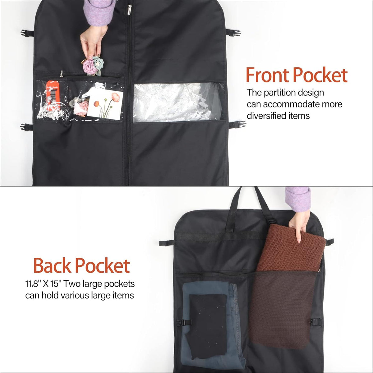 48 Inch Garment Bags for Travel Heavy Duty Travel Suit Bag for Men Women with Buckles & Shoulder Strap Garment Bags for Hanging Clothes, Black