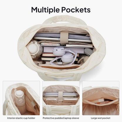 Tote Bag for Women Puffer Travel Carry On Bags with Laptop Compartment & Cup Holder Work Tote for Weekend Overnight