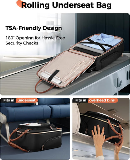 Underseat Carry On Luggage with Wheels, 16" Rolling Underseat Bag | Spinner Wheels, Wheeled Briefcase, 18x14x8 Personal Item Travel Bag, Airline Approved, Small Roller Suitcase, For Travel Work