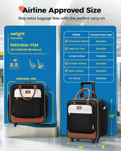 Underseat Carry On Luggage with Wheels, 16" Rolling Underseat Bag | Spinner Wheels, Wheeled Briefcase, 18x14x8 Personal Item Travel Bag, Airline Approved, Small Roller Suitcase, For Travel Work