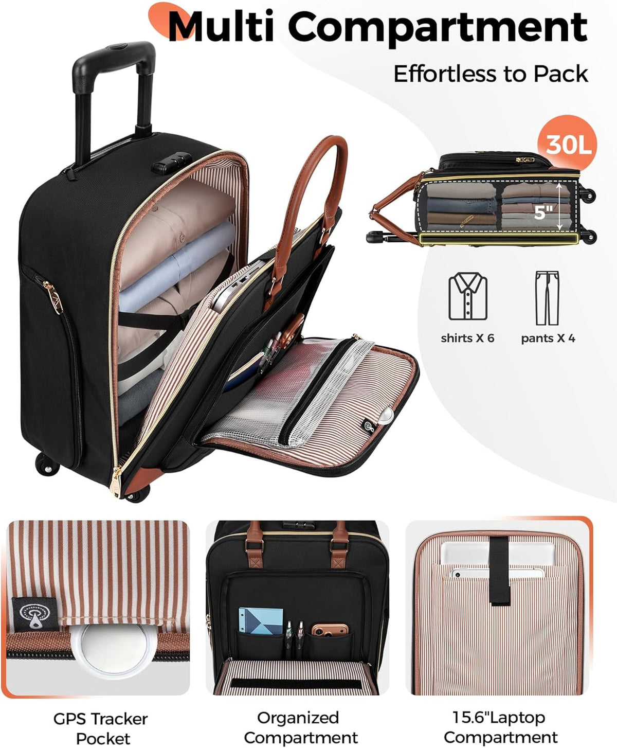 Underseat Carry On Luggage with Wheels, 16" Rolling Underseat Bag | Spinner Wheels, Wheeled Briefcase, 18x14x8 Personal Item Travel Bag, Airline Approved, Small Roller Suitcase, For Travel Work