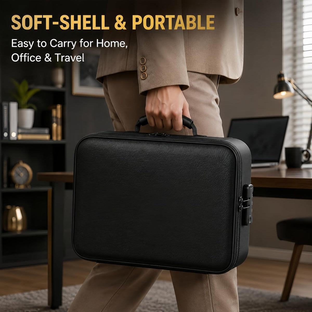 Fireproof Document Box (Soft-Shell) with Lock, 5200°F Fireproof & Water-Resistant File Organizer for Important Documents, Certificates, Passport & 14" Laptop, Home Office Travel