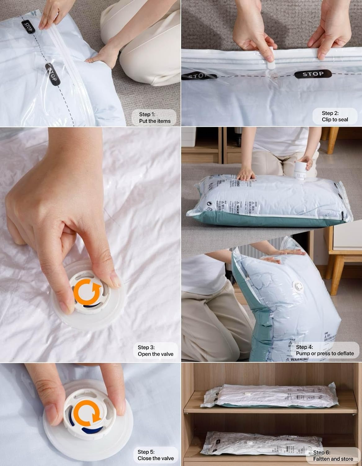 Vacuum Storage Bags for Clothing - 6 Pack Roll-Up, 40×60cm (15.7"×23.6"), No Vacuum Needed, Compression Packing Bags for Clothes, Carry-On Luggage, Camping, and Travel