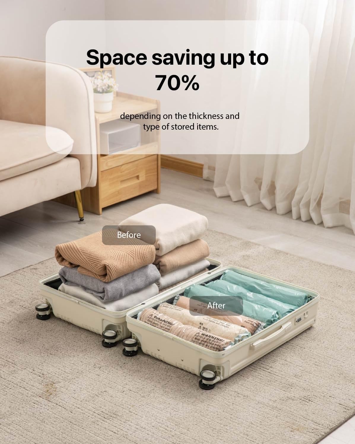 Vacuum Storage Bags for Clothing - 6 Pack Roll-Up, 40×60cm (15.7"×23.6"), No Vacuum Needed, Compression Packing Bags for Clothes, Carry-On Luggage, Camping, and Travel