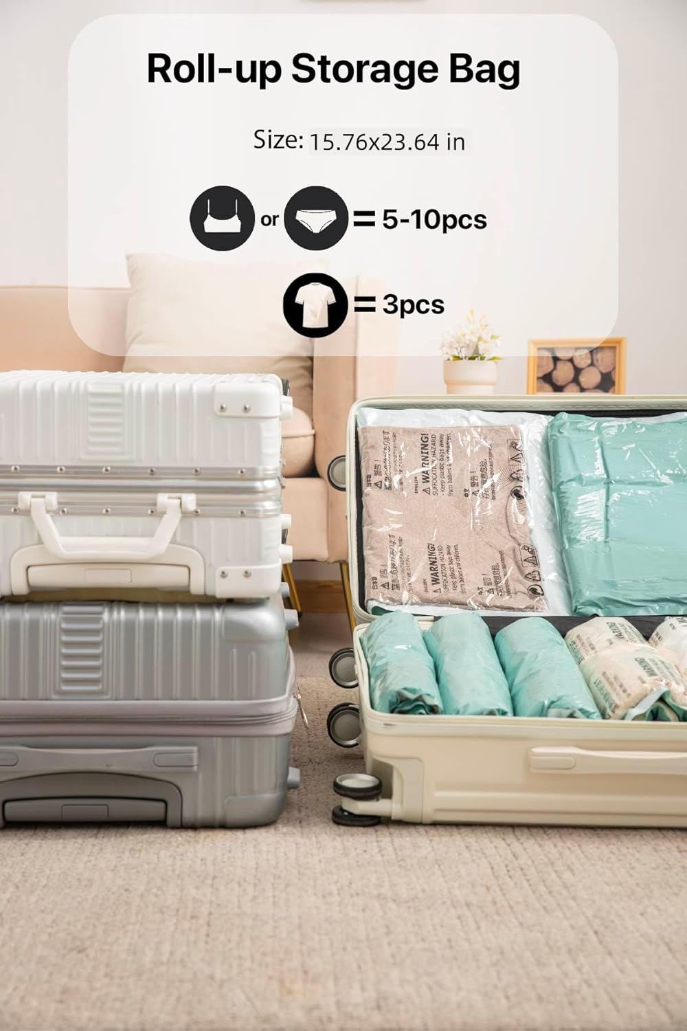 Vacuum Storage Bags for Clothing - 6 Pack Roll-Up, 40×60cm (15.7"×23.6"), No Vacuum Needed, Compression Packing Bags for Clothes, Carry-On Luggage, Camping, and Travel