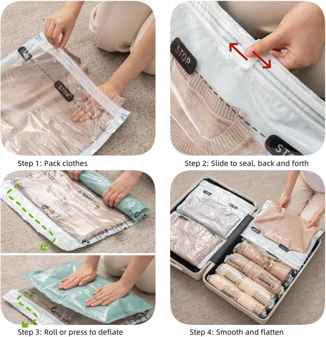 Vacuum Storage Bags for Clothing - 6 Pack Roll-Up, 40×60cm (15.7"×23.6"), No Vacuum Needed, Compression Packing Bags for Clothes, Carry-On Luggage, Camping, and Travel