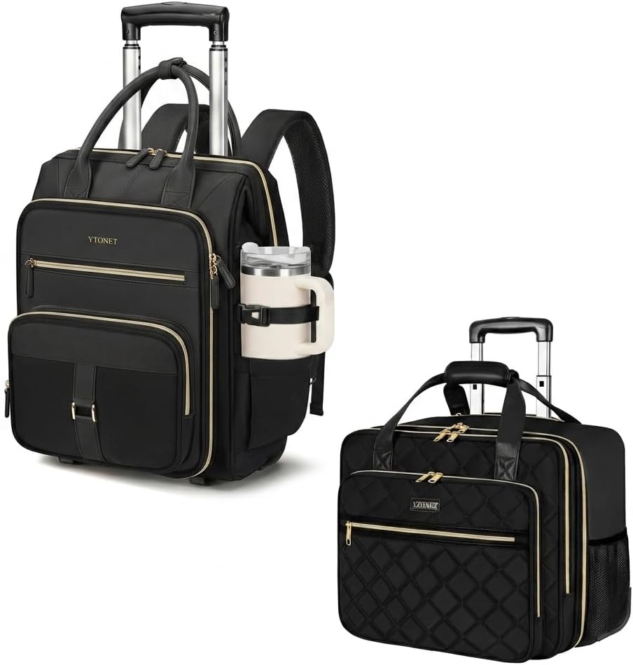 Rolling Backpack for Women,15.6 Inch Travel Backpack with Wheels, Stylish Rolling Laptop Bag with Passport Holder, Dual-Opening Design, Underseat Carry on Luggage for Work College Teacher