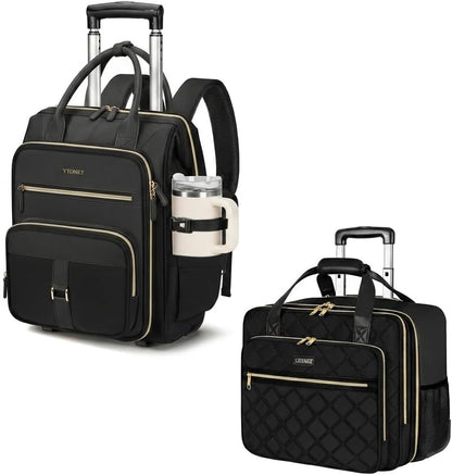 Rolling Backpack for Women,15.6 Inch Travel Backpack with Wheels, Stylish Rolling Laptop Bag with Passport Holder, Dual-Opening Design, Underseat Carry on Luggage for Work College Teacher