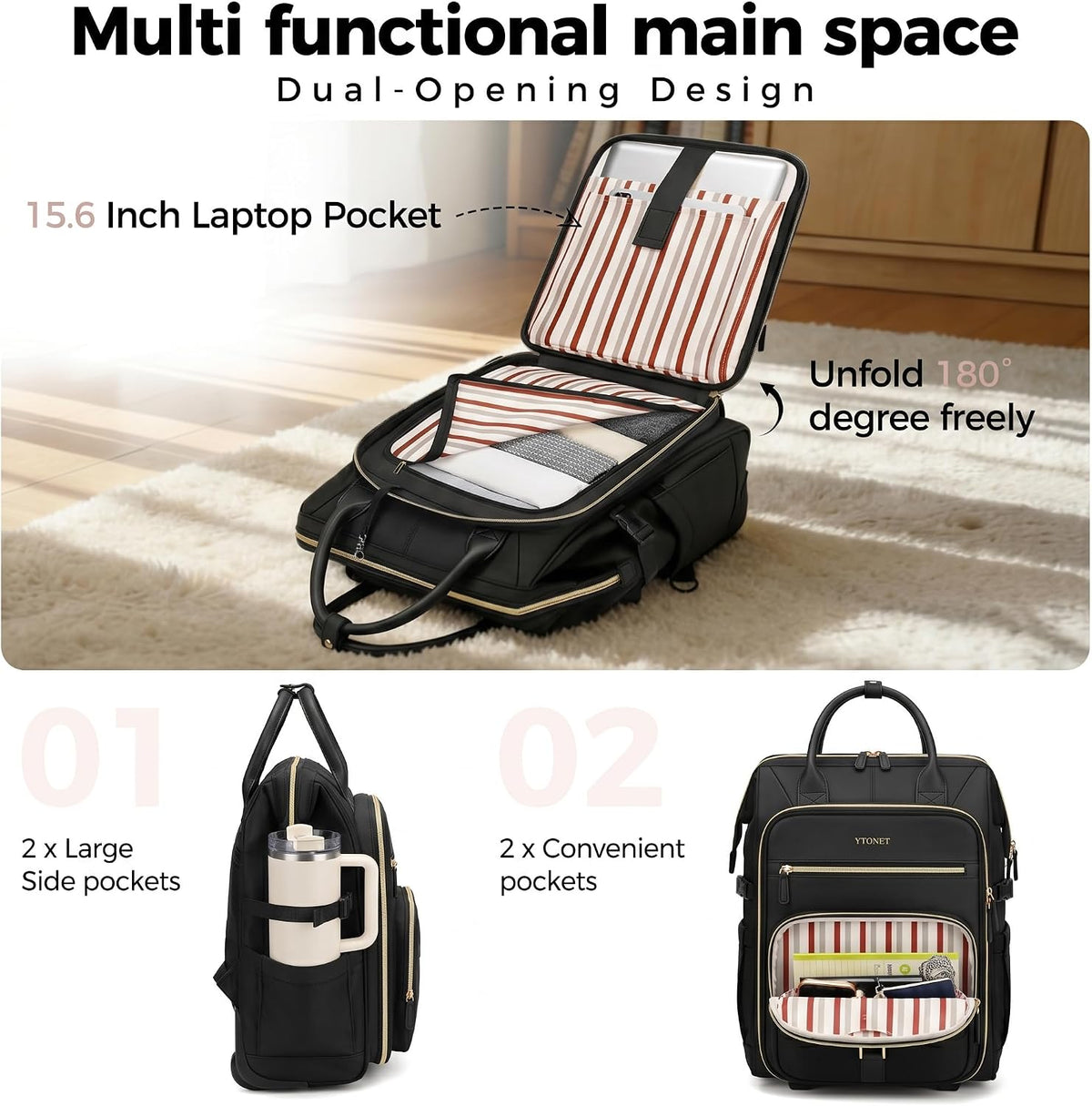 Rolling Backpack for Women,15.6 Inch Travel Backpack with Wheels, Stylish Rolling Laptop Bag with Passport Holder, Dual-Opening Design, Underseat Carry on Luggage for Work College Teacher